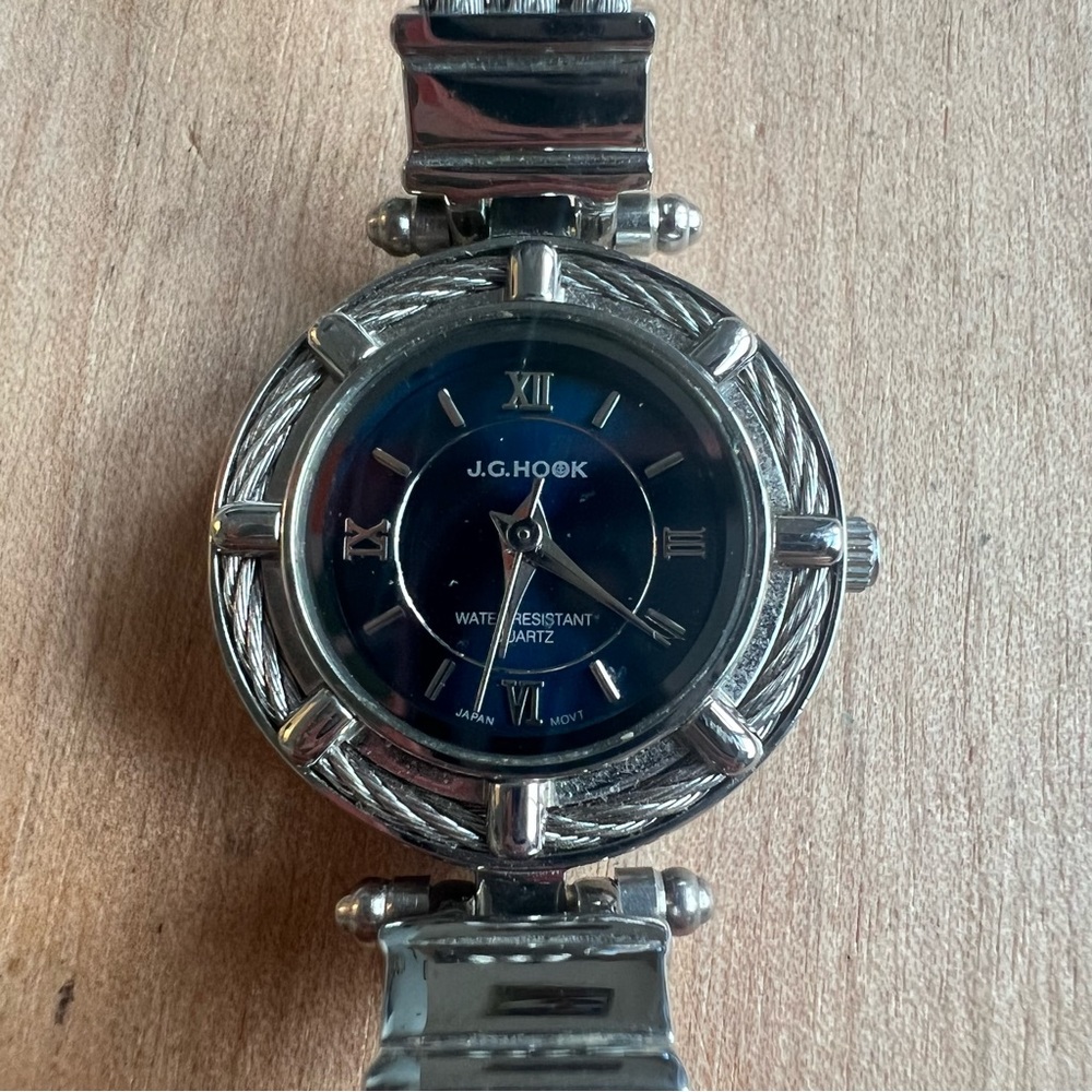 J.G. Hook ladies blue dial silver tone dress watch NEW BATTERY